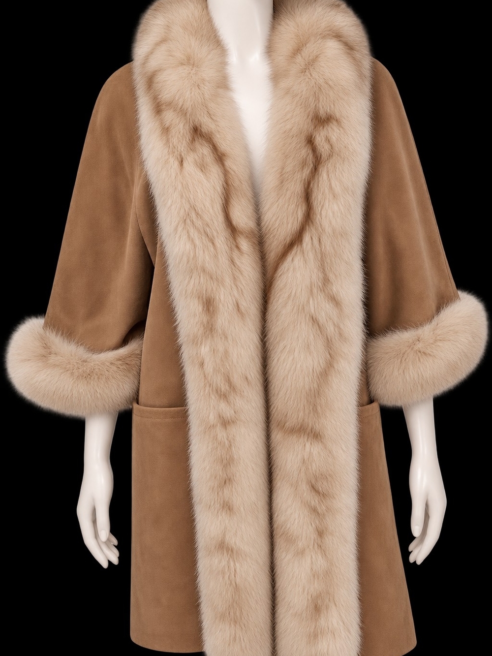 Luxurious Vintage Tan Suede Coat with Cream Fox Fur Trim